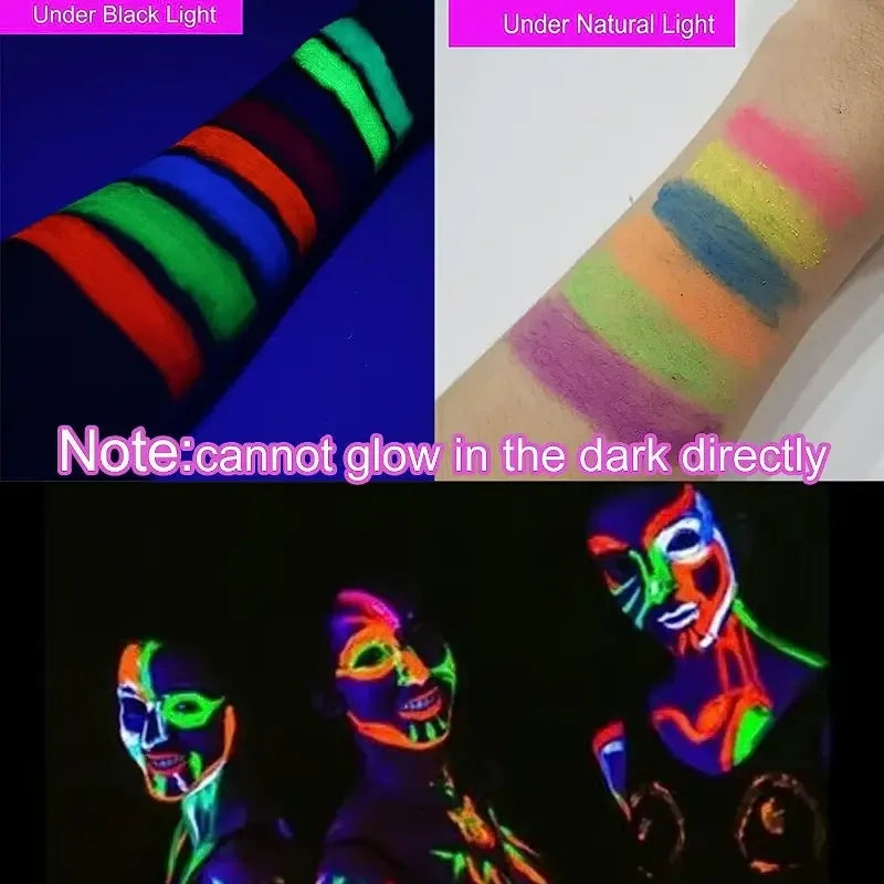 Bright face and body paint with UV-light application examples