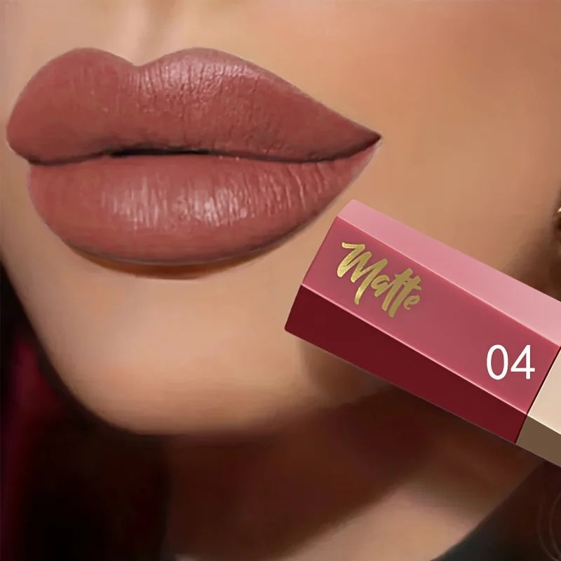 Liquid lipstick shade shown on lips beside its numbered tube