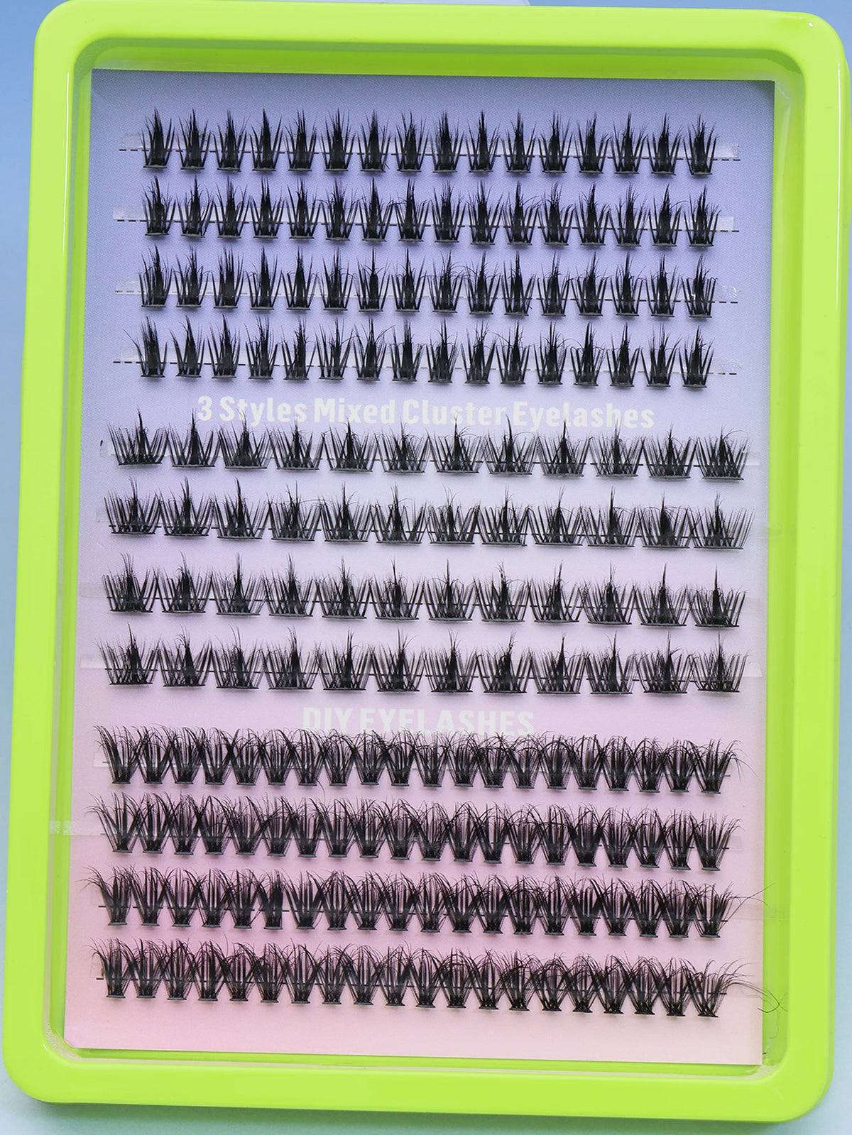 False eyelash clusters arranged in rows in a tray