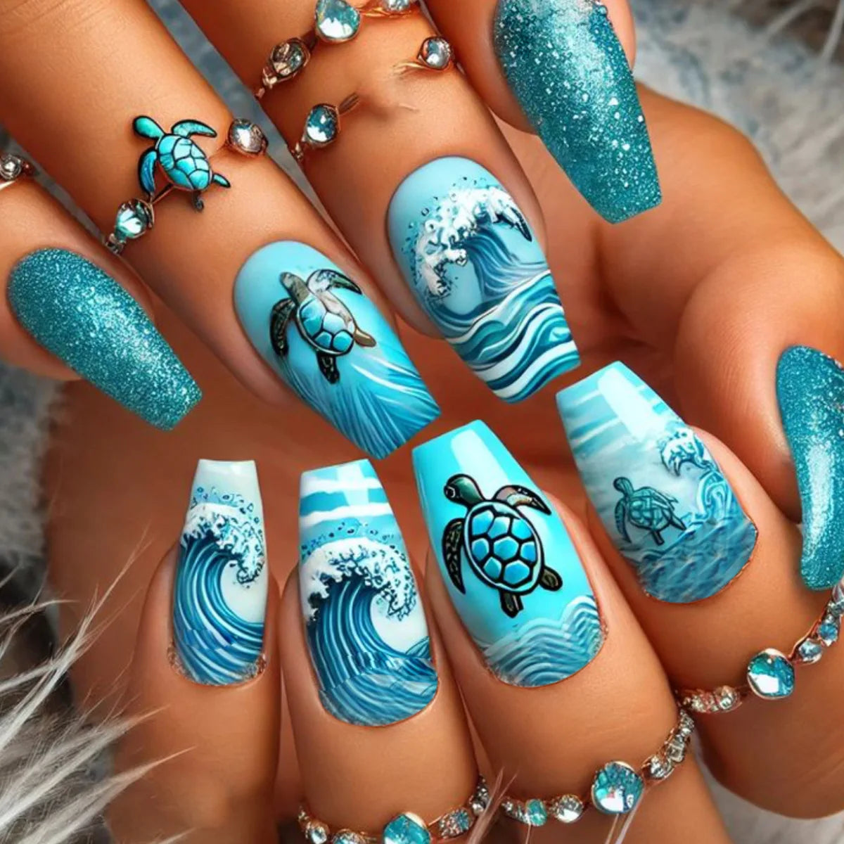 Colorful marine-themed nail artwork shown on hands
