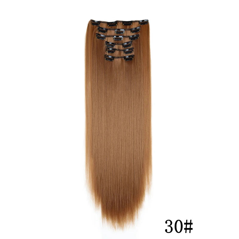 Straight clip-in hair extension with visible attachment clips
