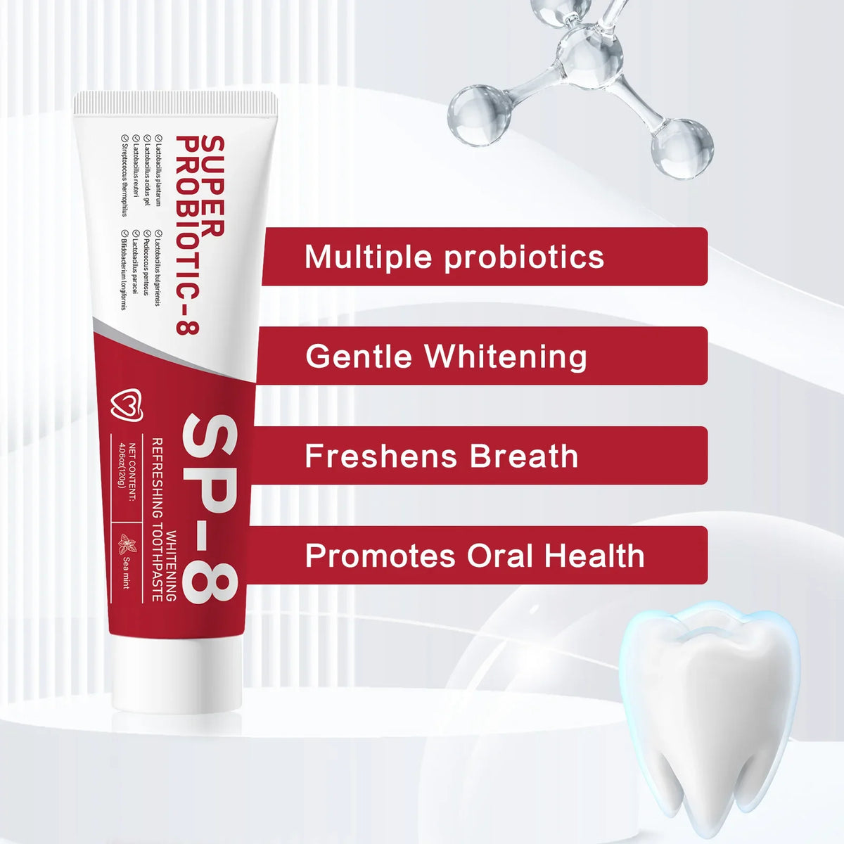 Probiotic toothpaste with ingredients and tooth brushing illustrations
