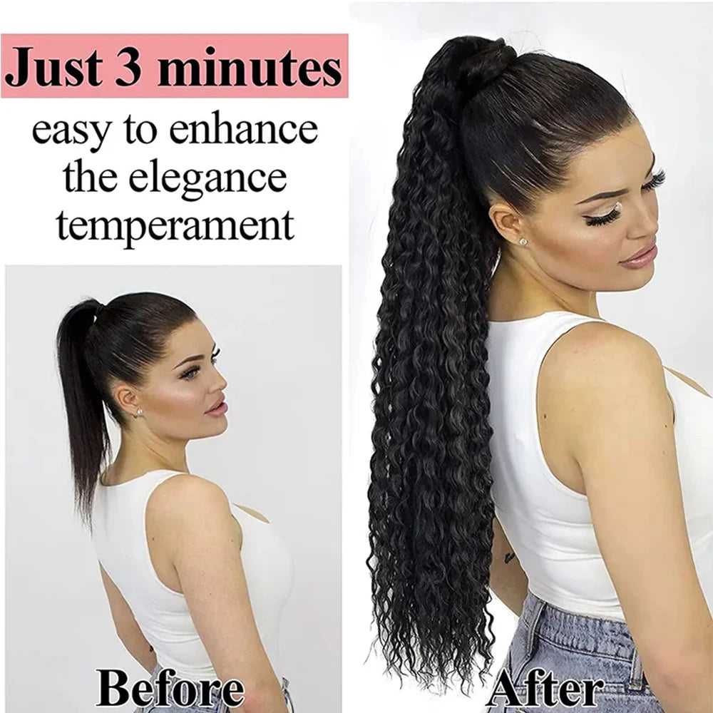 Deep Wave Clip-In Curly Ponytail Extension – Heat-Resistant Synthetic Hairpiece in 16, 22, or 30 Inches (8 Colors)