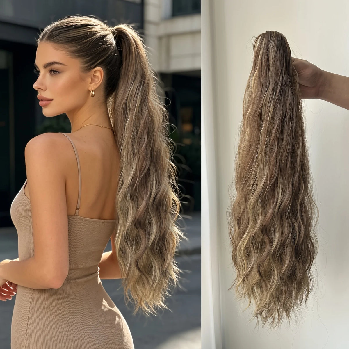 Long wavy ponytail extension with hairstyle and back views