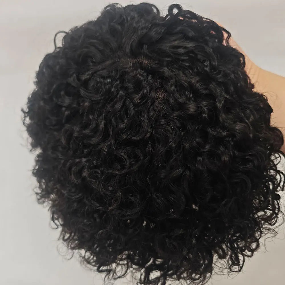 Curly hair toupee showing curl texture and base
