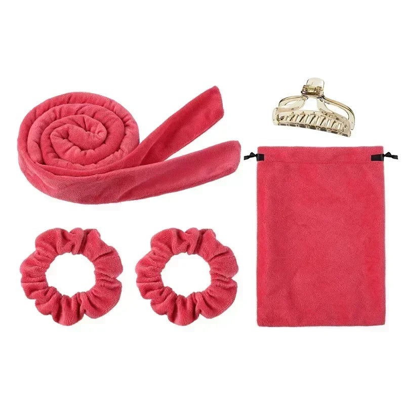 Heatless curling rod or ribbon with coordinating hair ties
