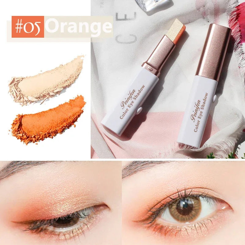 Dual-color eyeshadow stick with swatches and eye makeup example