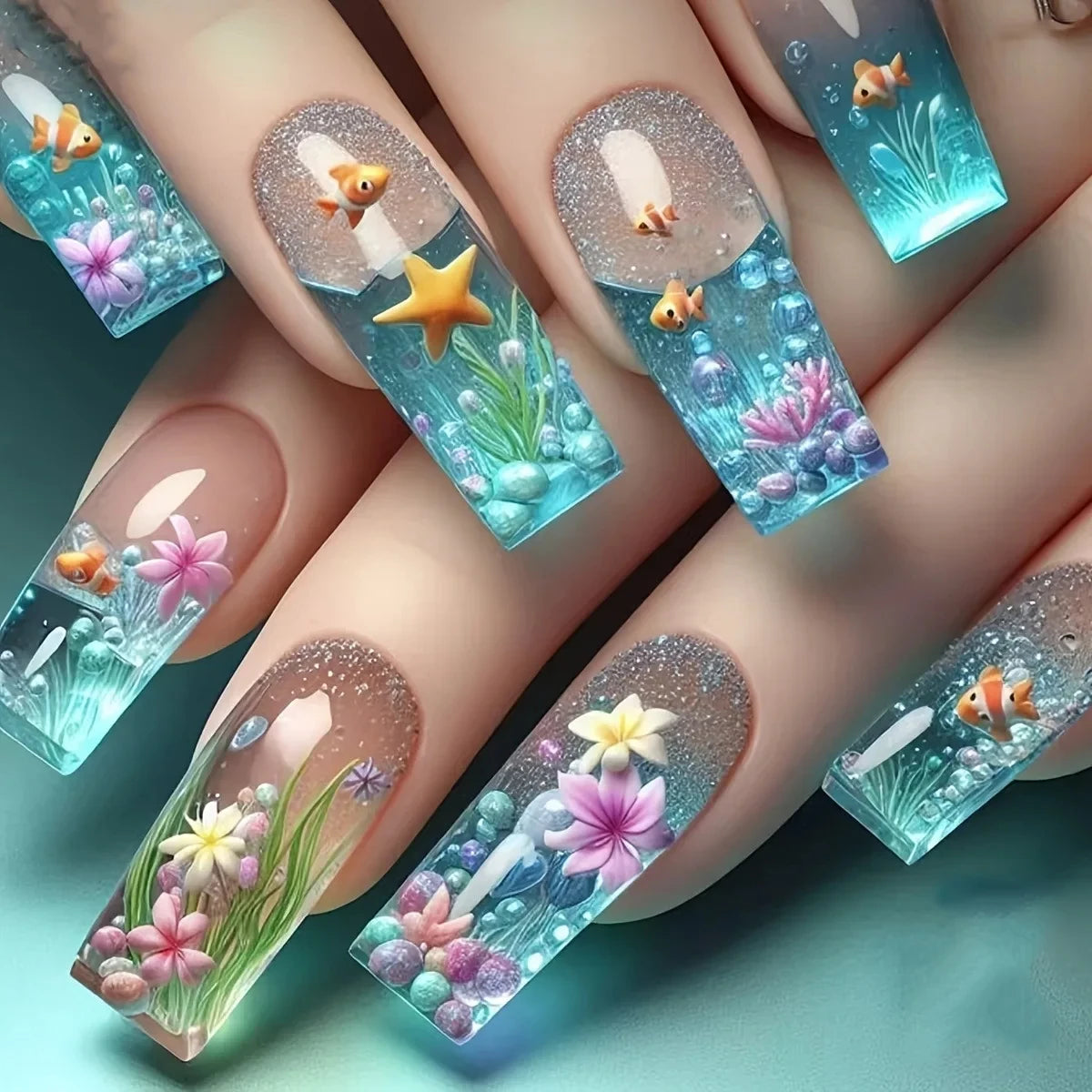 Decorative nail designs shown on hands