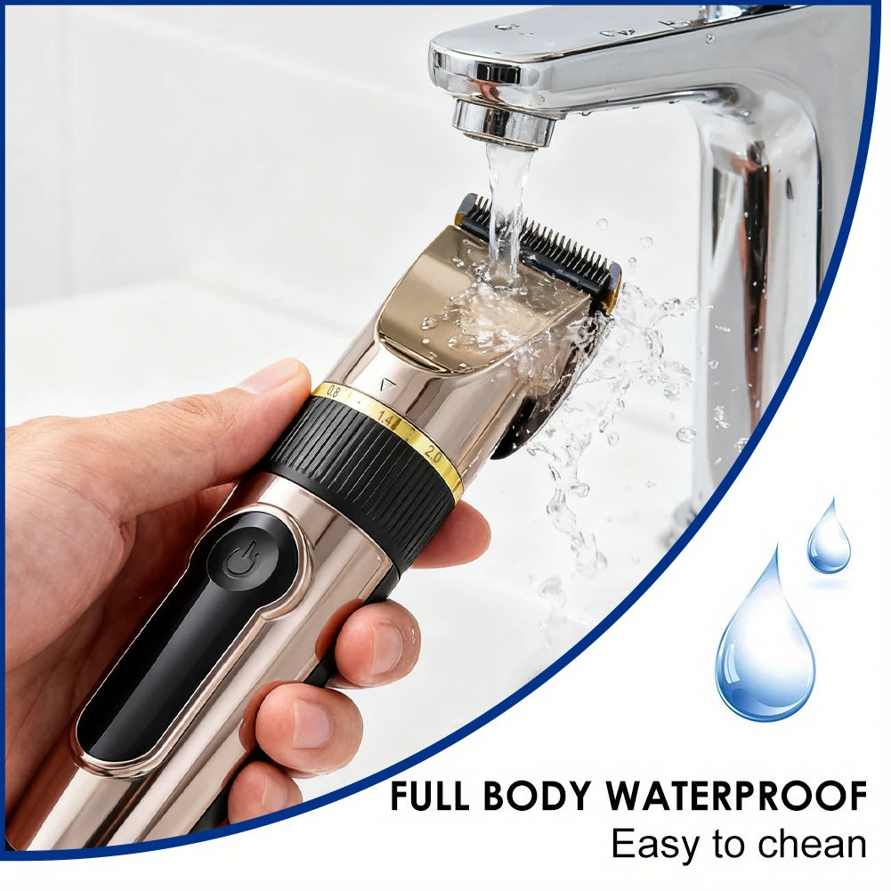 Hair clipper with charging, adjustment and grooming illustrations