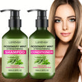 Rosemary mint shampoo and conditioner with hair washing and ingredient illustrations