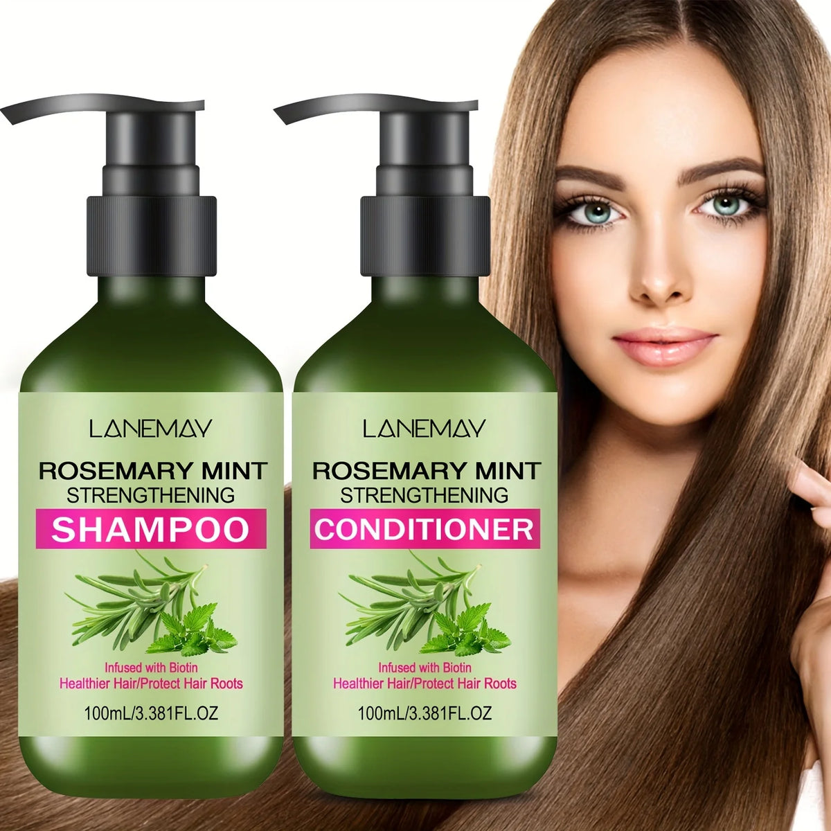 Rosemary mint shampoo and conditioner with hair washing and ingredient illustrations