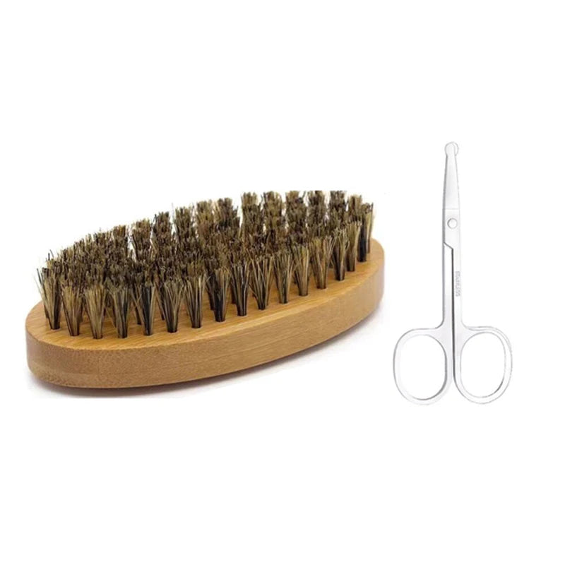 Wooden beard brush with grooming accessories