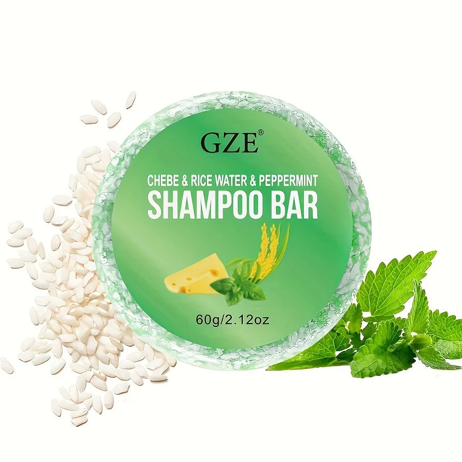 Green shampoo bar with ingredients and hair washing information