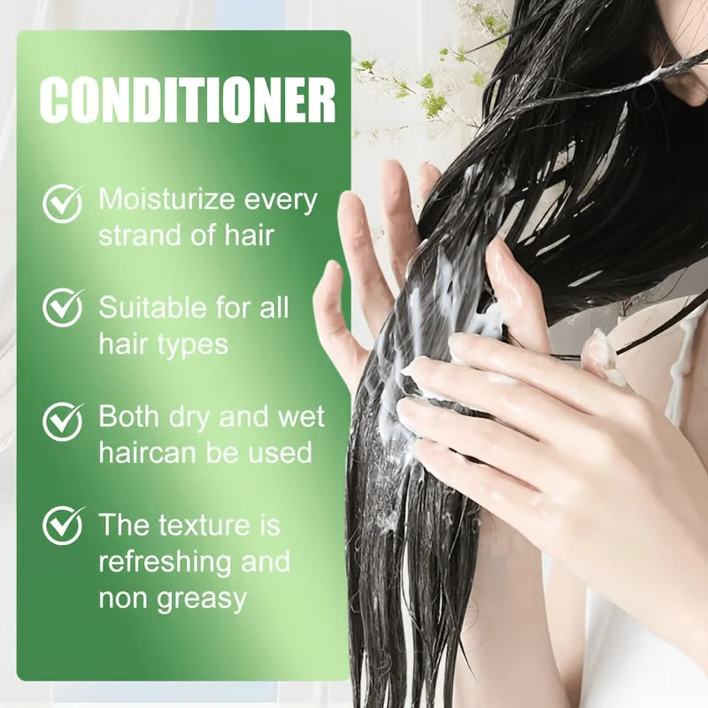 Rice water conditioner with hair care and ingredient illustrations