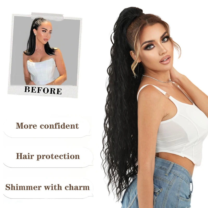 Long wavy ponytail extension with styling and attachment examples