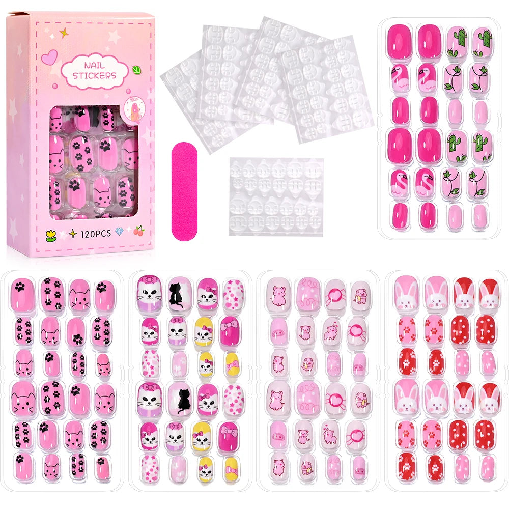Assorted colorful press-on nails with packaging and manicure accessories