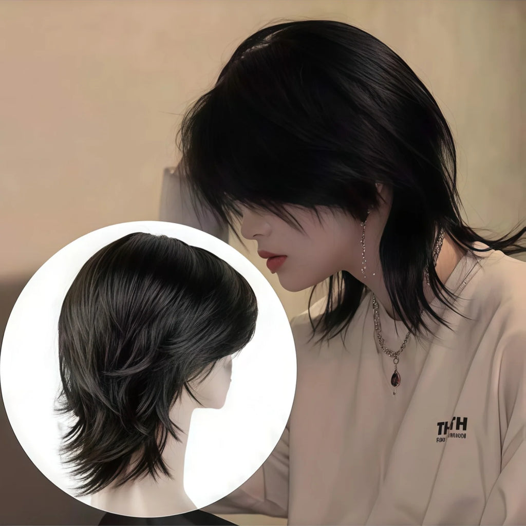 Short layered dark wig with front and side views