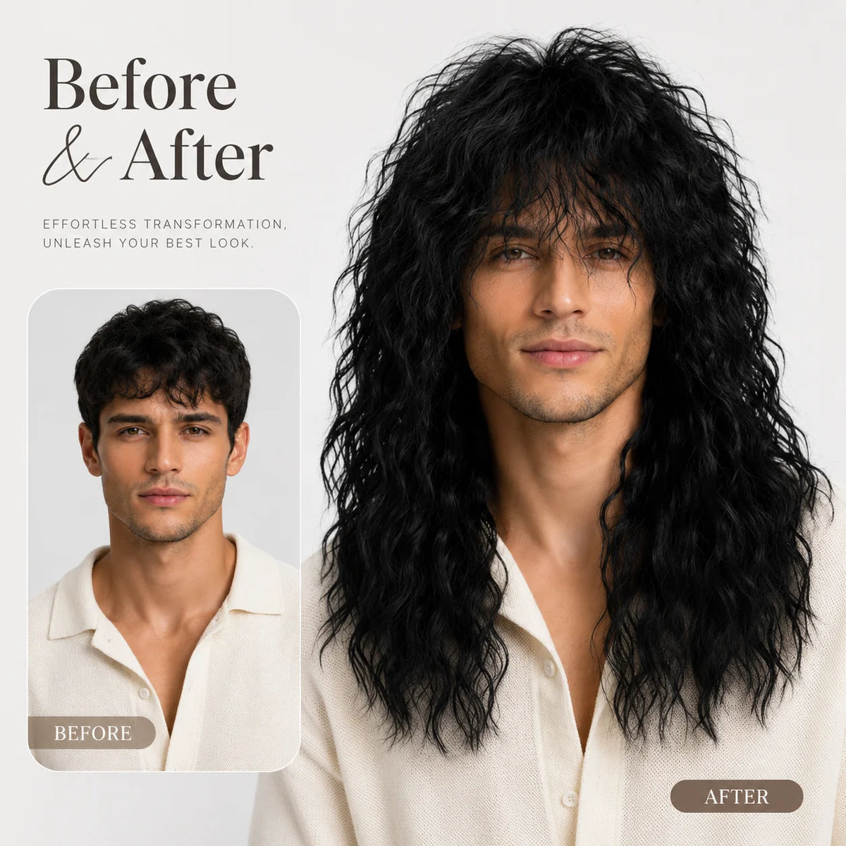 Long dark rocker wig with hairstyle examples