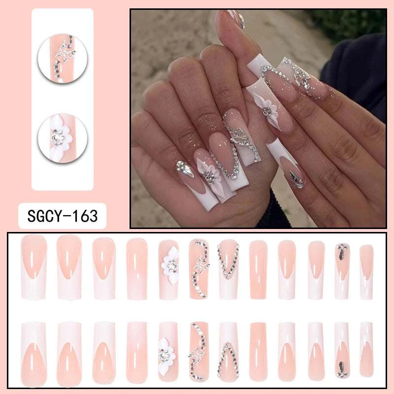 Press-on nail set with manicure example and design samples
