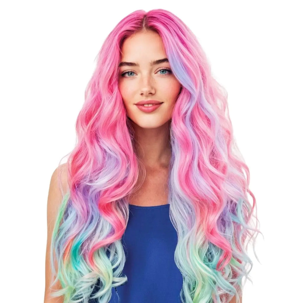Long pastel wavy wig shown on a mannequin or model