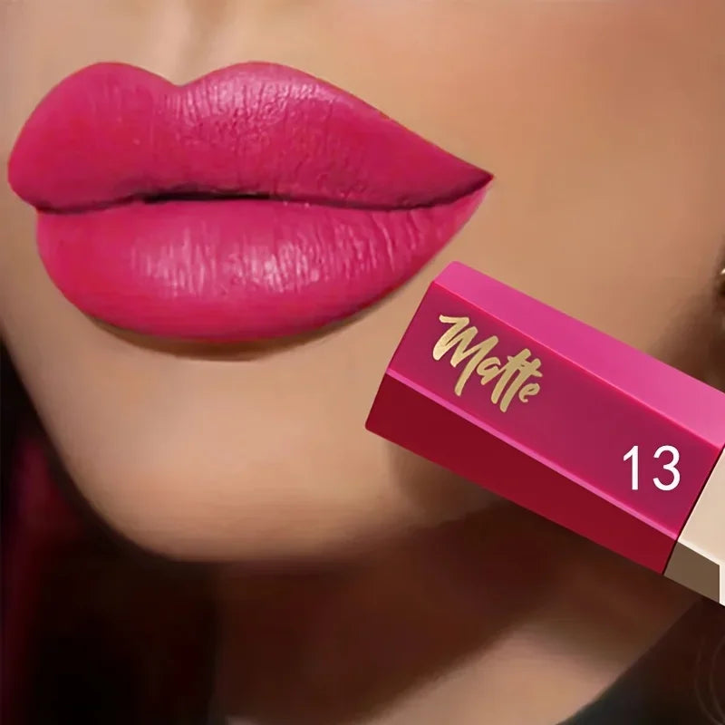Liquid lipstick shade shown on lips beside its numbered tube