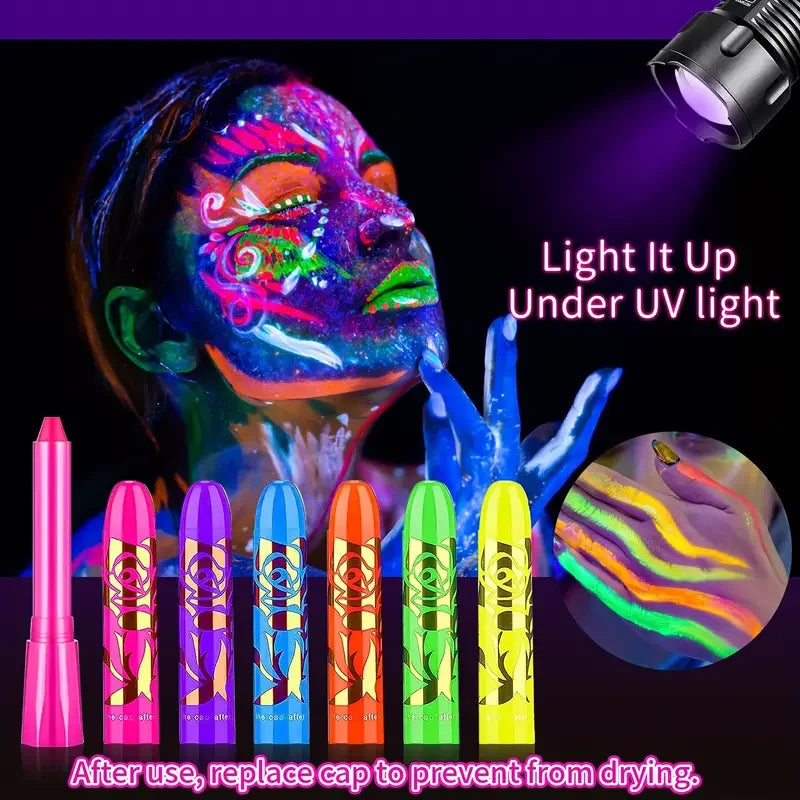 Bright face and body paint with UV-light application examples