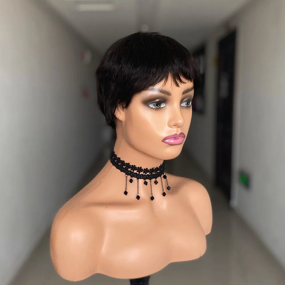 Short dark pixie wig shown from different angles