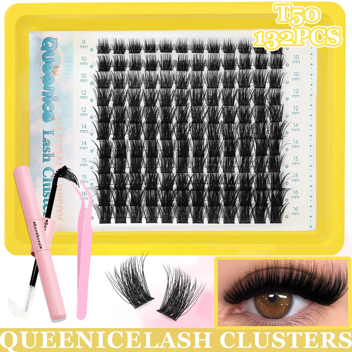 False eyelash clusters in trays with lash application examples