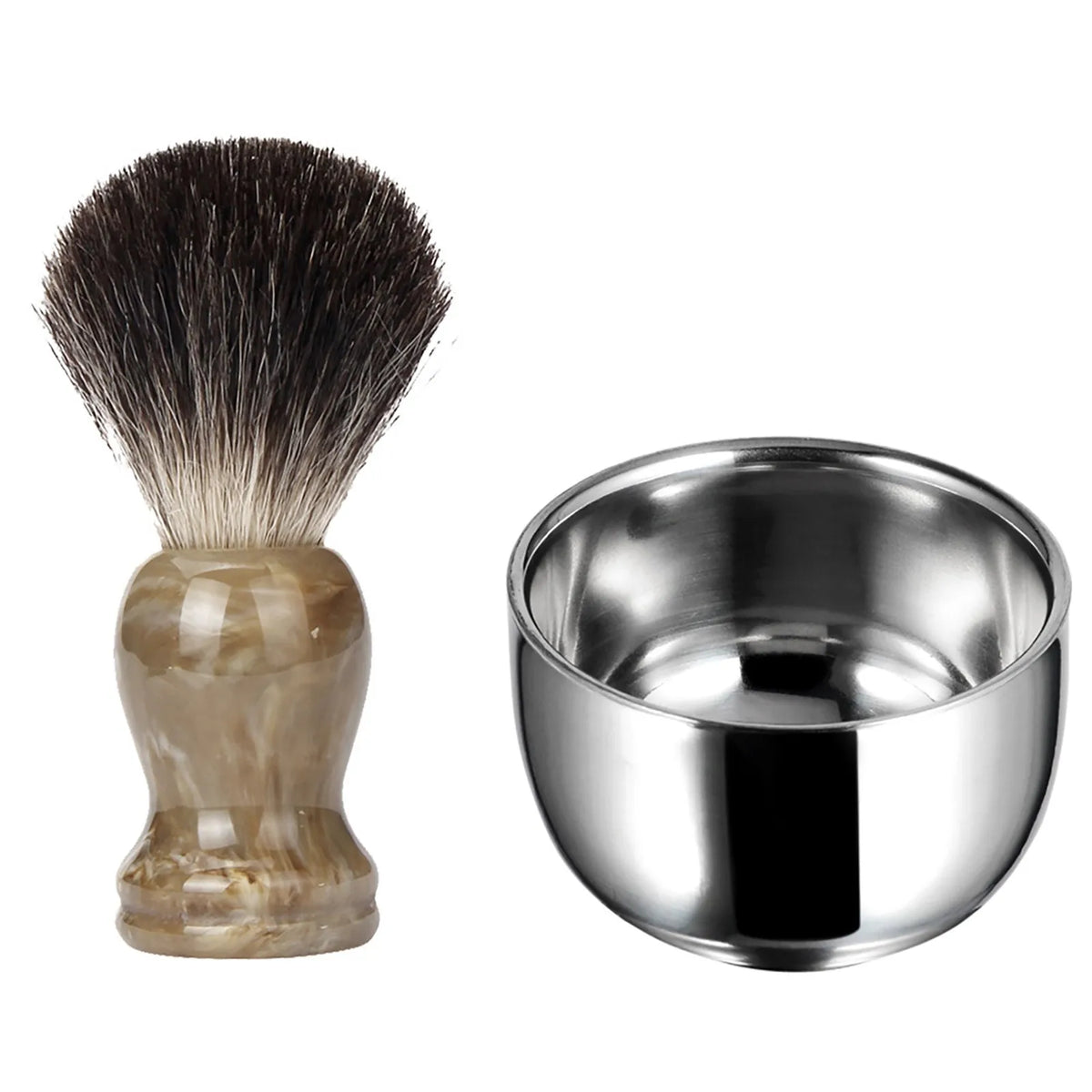 Shaving brush beside a metal bowl