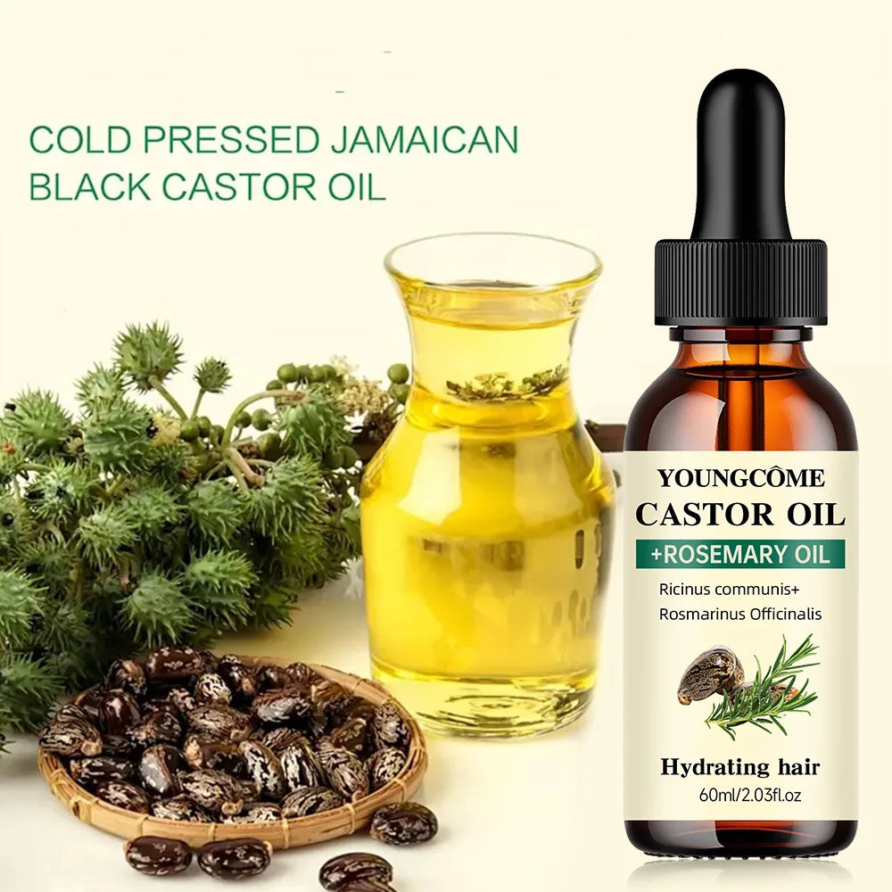 Castor and rosemary hair oil with ingredient and use illustrations