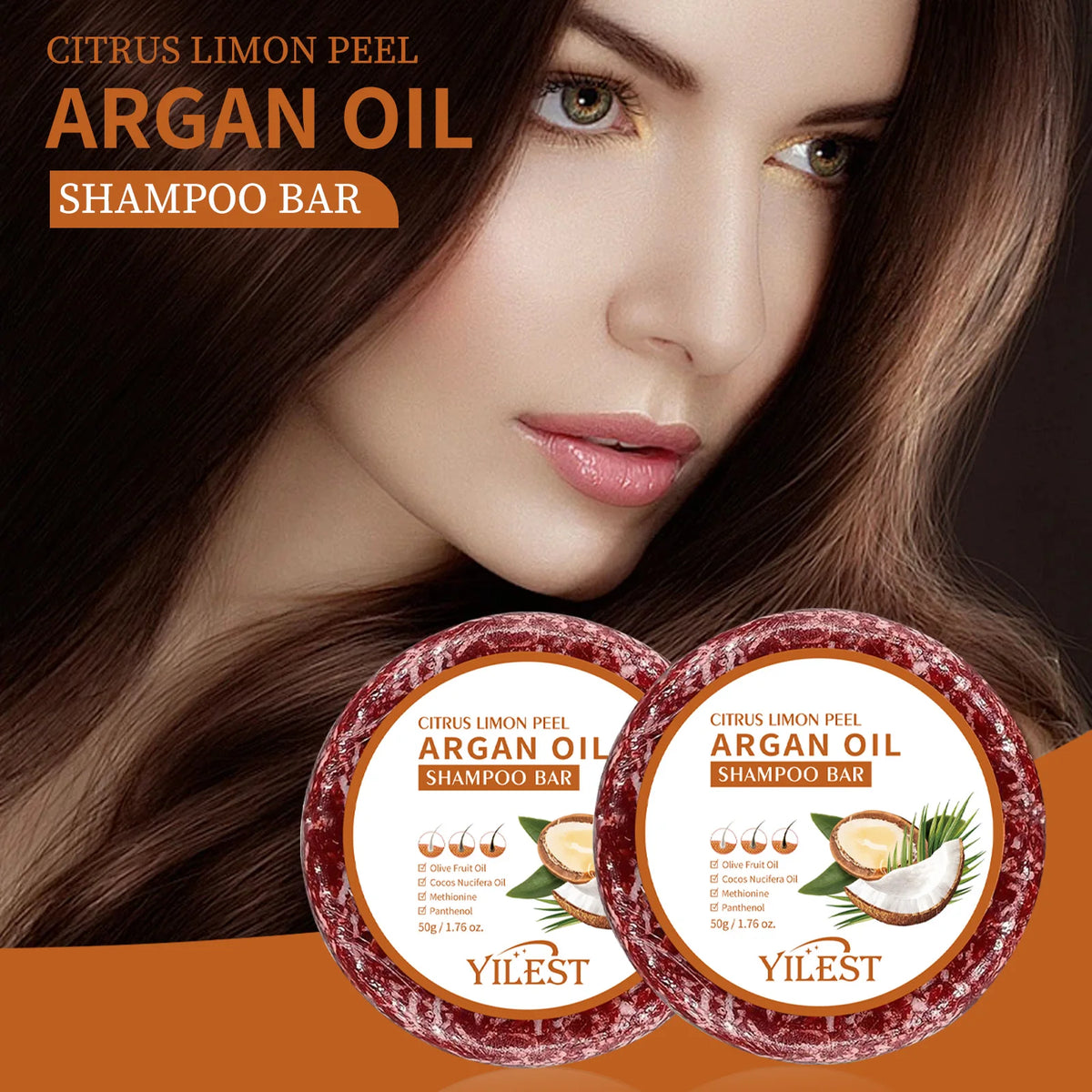 Shampoo bar with hair care, ingredient and application graphics