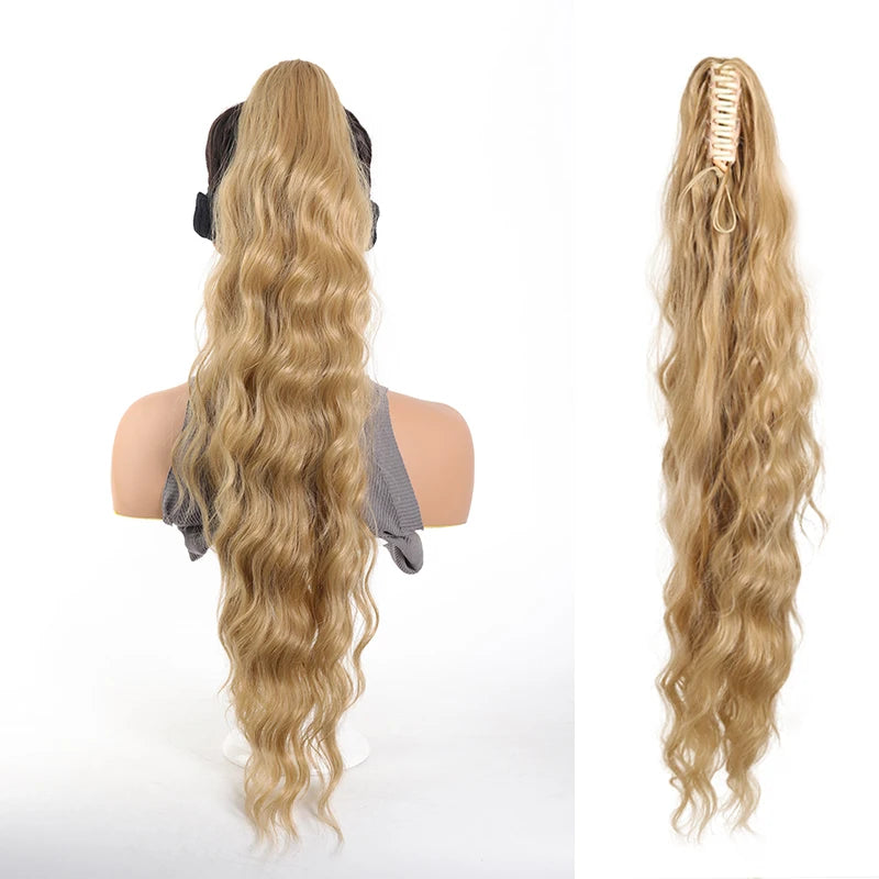 Long wavy ponytail extension shown on a mannequin and laid out