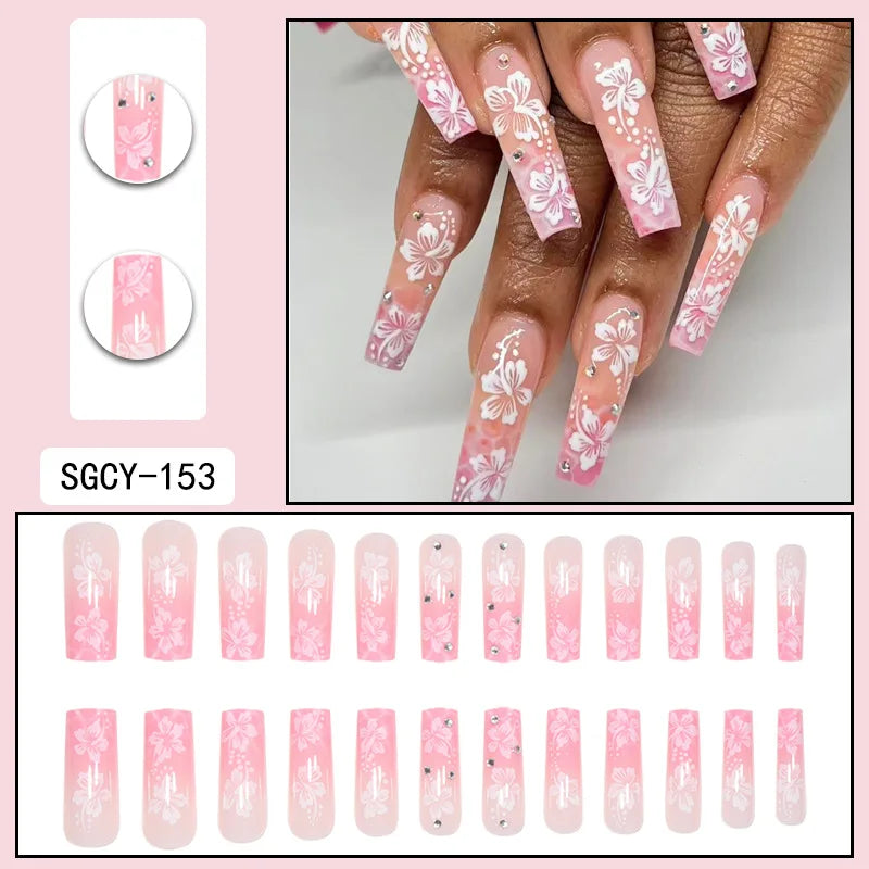 Press-on nail set with manicure example and design samples