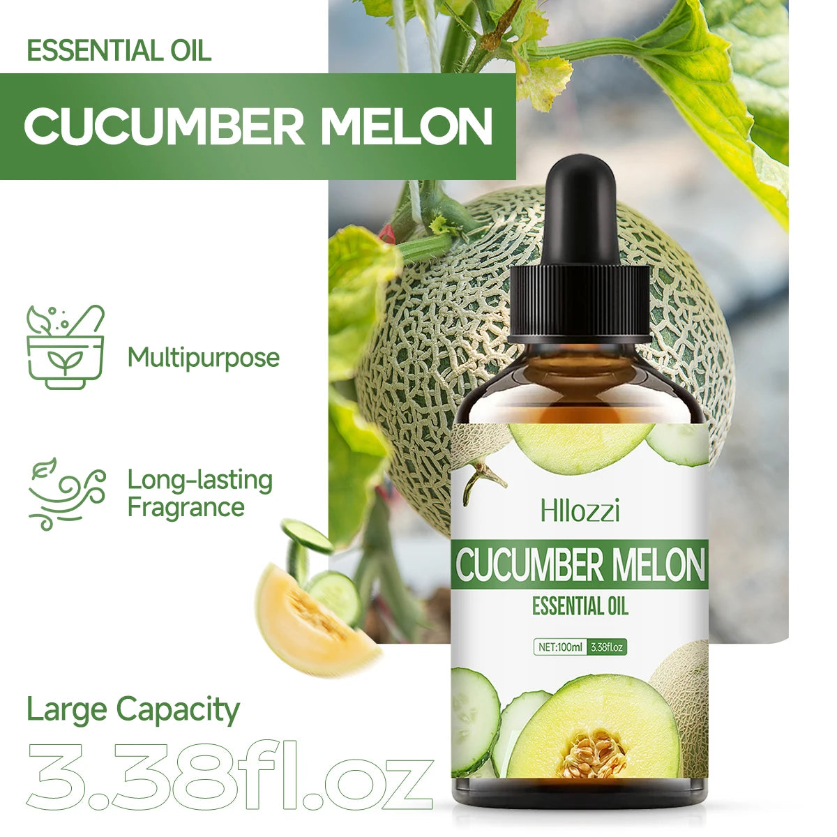 Cucumber melon oil with texture, ingredients and use illustrations