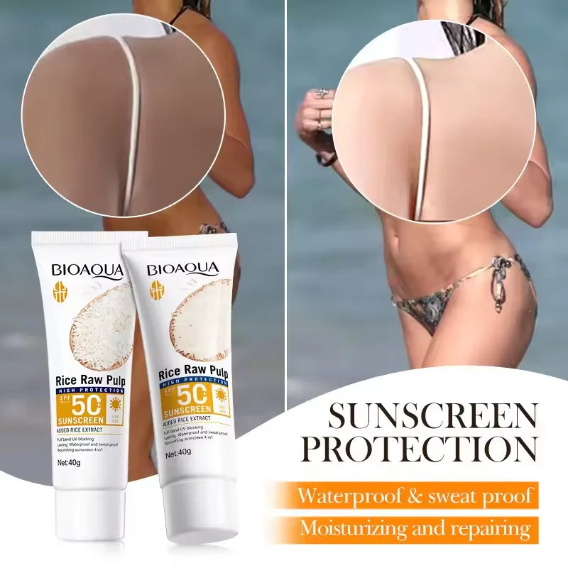 Sunscreen tube with skin application and promotional comparison images