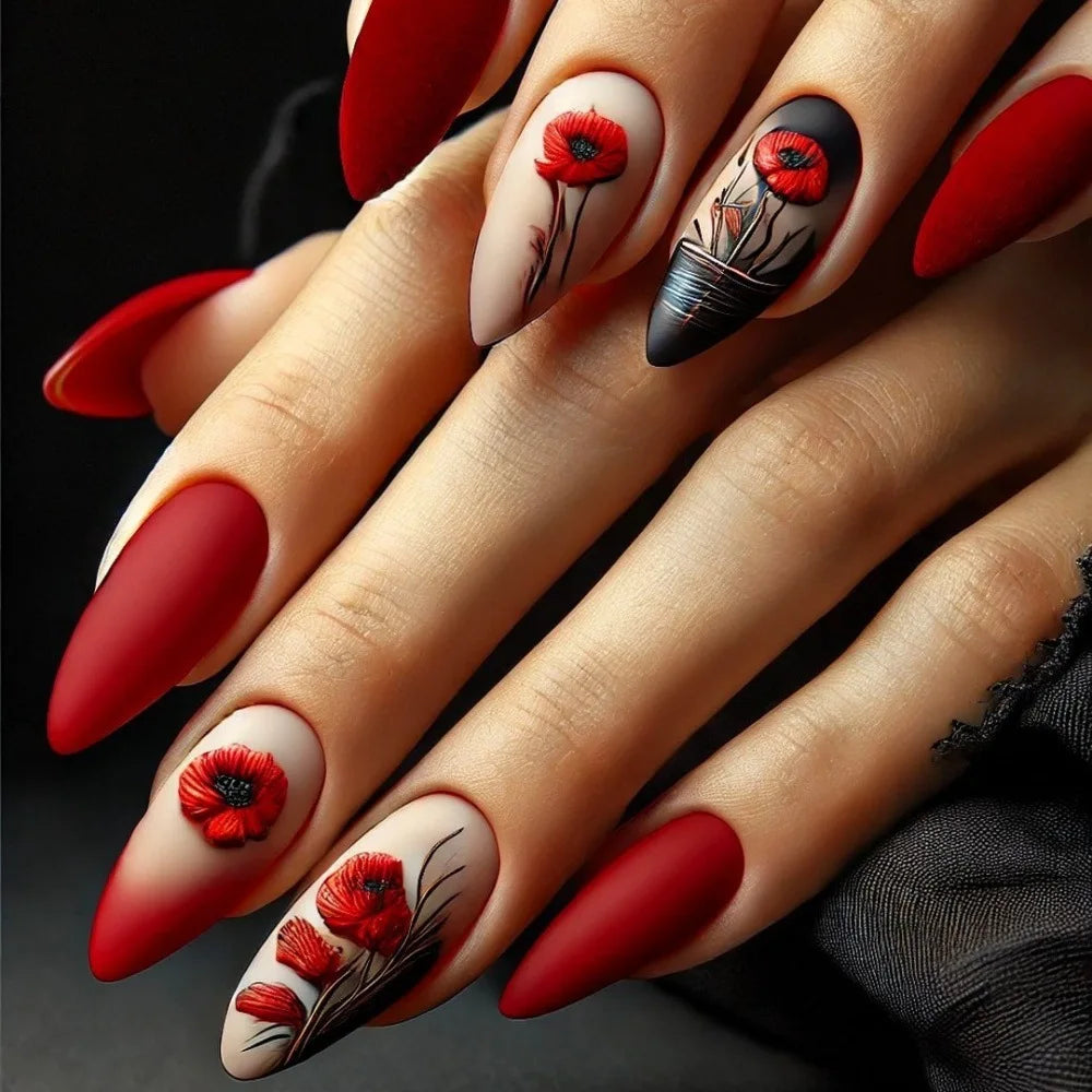Decorated nail designs shown on hands