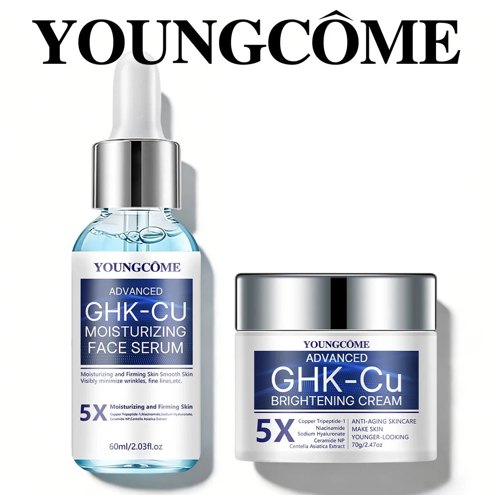 Copper peptide face serum and cream with ingredient and application graphics
