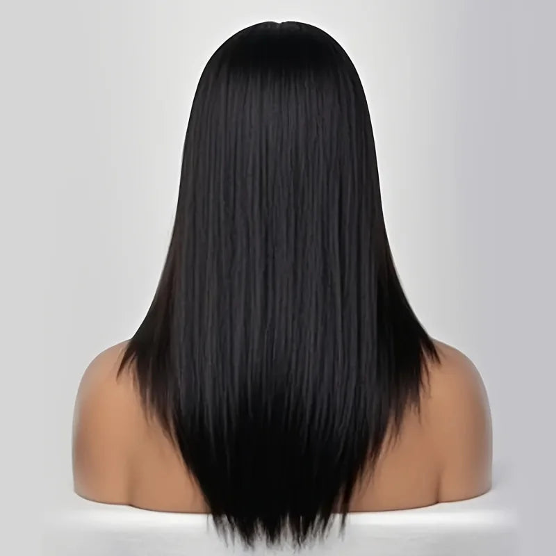 Long straight dark wig shown on a model or mannequin