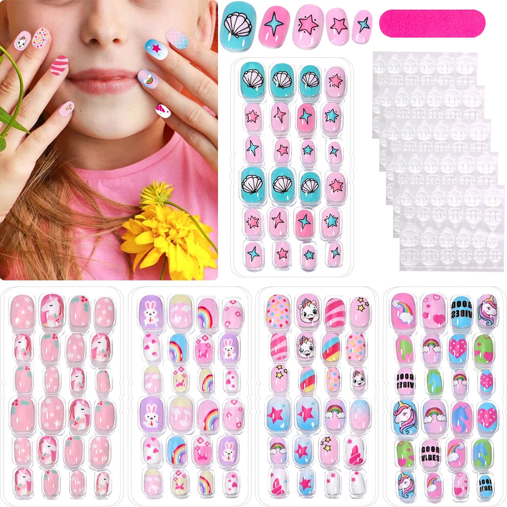 Colorful children's press-on nail sets with assorted decorative designs