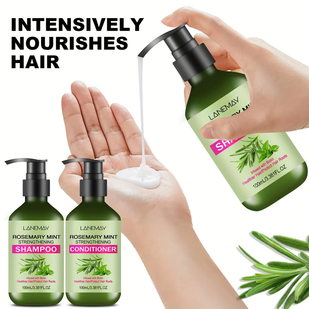 Rosemary mint shampoo and conditioner with hair washing and ingredient illustrations
