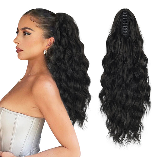 Wavy claw-clip ponytail with product and styling examples