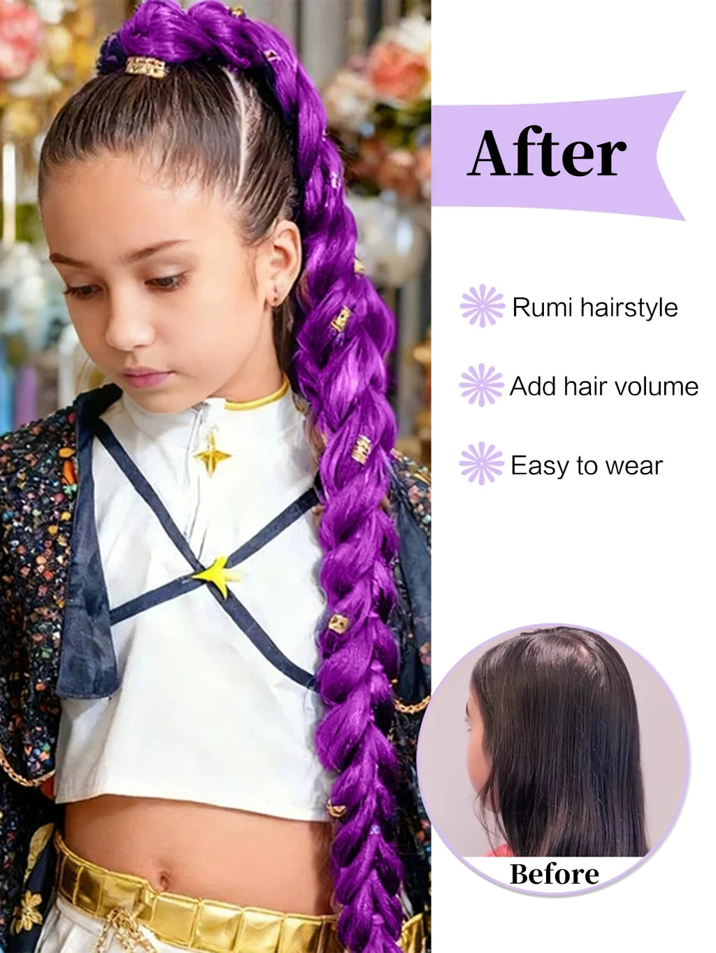32-Inch Purple Braided Ponytail with Tinsel