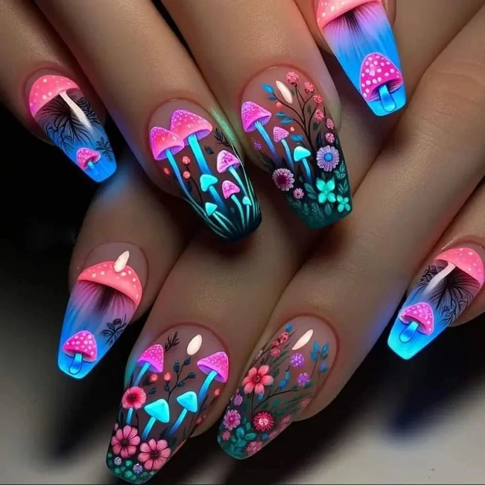 Decorative nail designs shown on hands