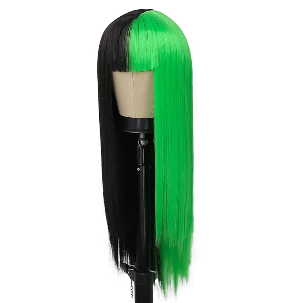 Long black and green straight wig with bangs