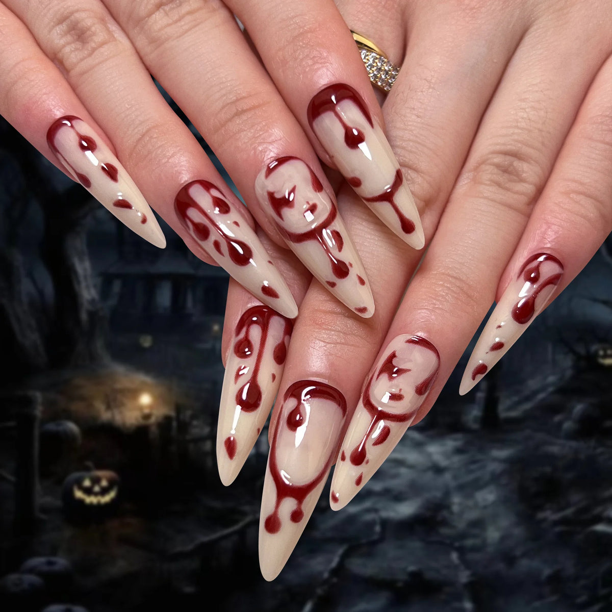 Long decorative nail designs with raised accents shown on hands