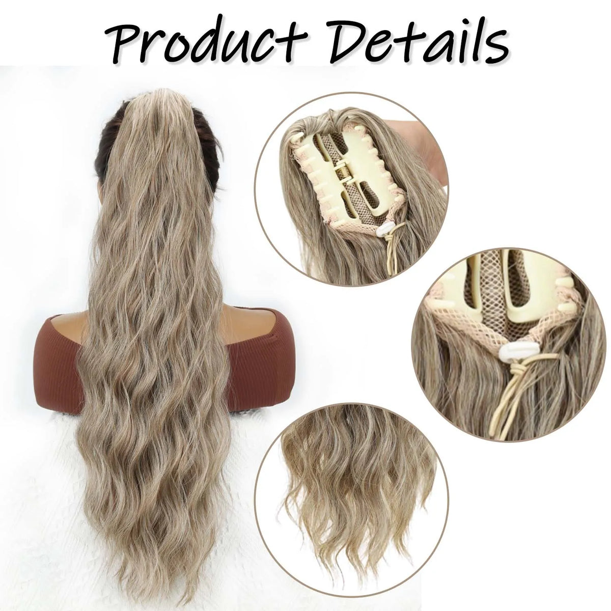 Wavy ponytail extension with styling or clip details