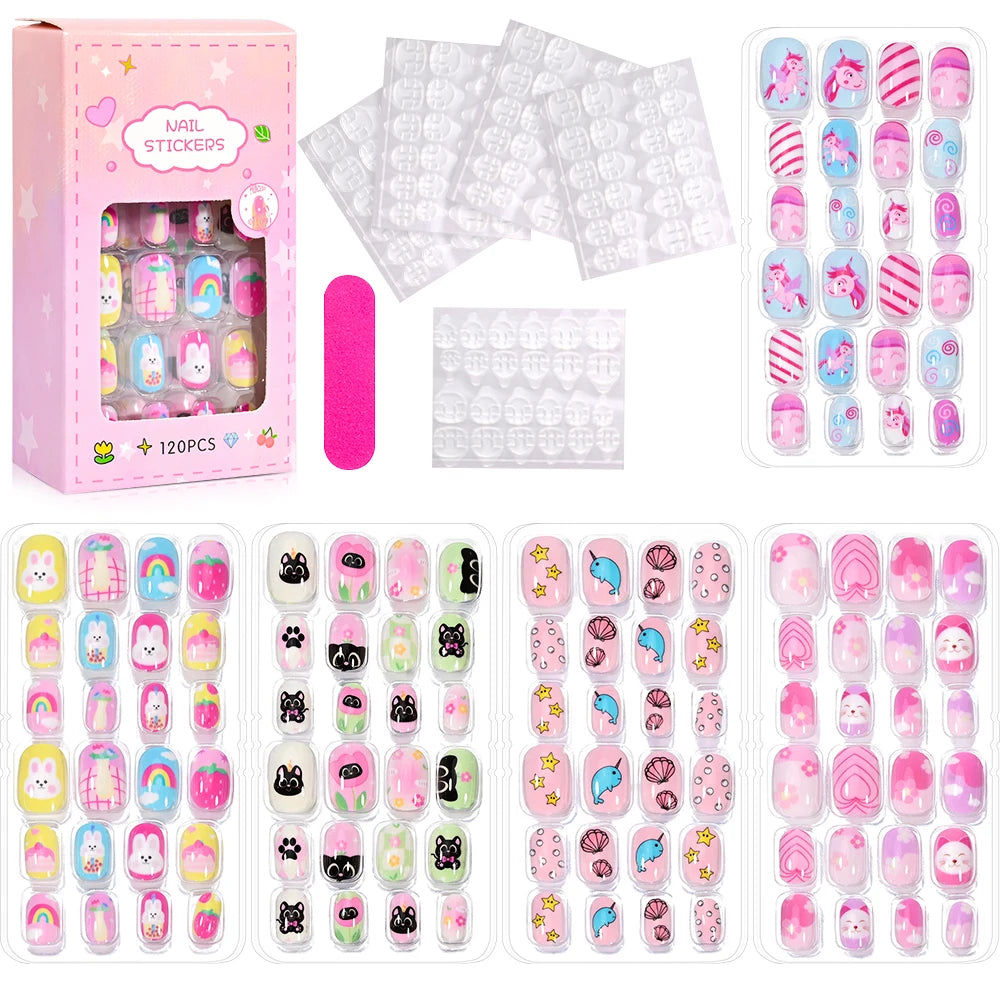 Assorted colorful press-on nails with packaging and manicure accessories