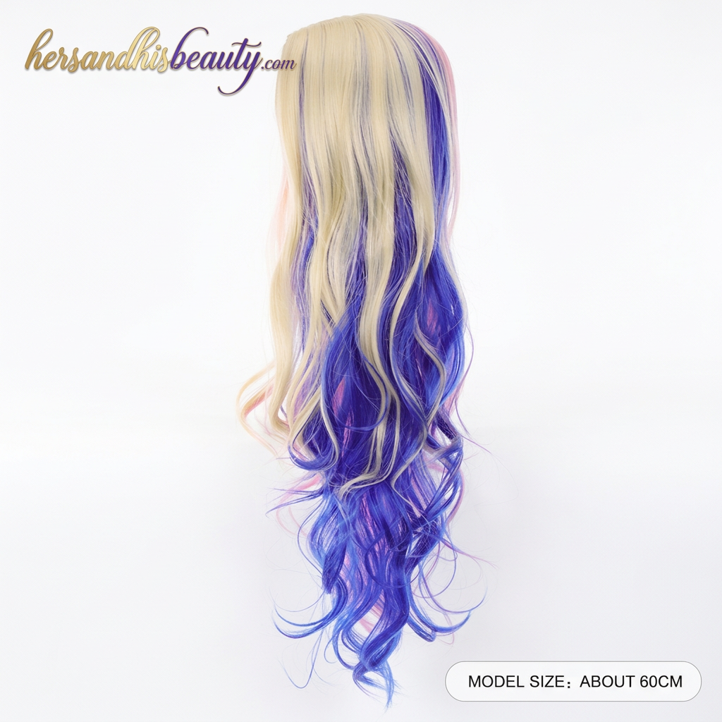 Title: Pink & Blue Color-Block Wavy Cosplay Wig - Long Voluminous Curly Costume Hair