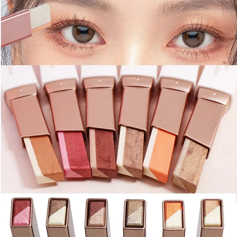 Eyeshadow sticks with shade swatches and makeup examples