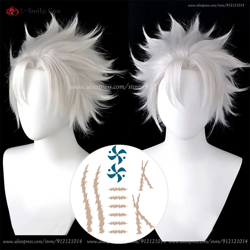 Short spiky white cosplay wig shown on a mannequin